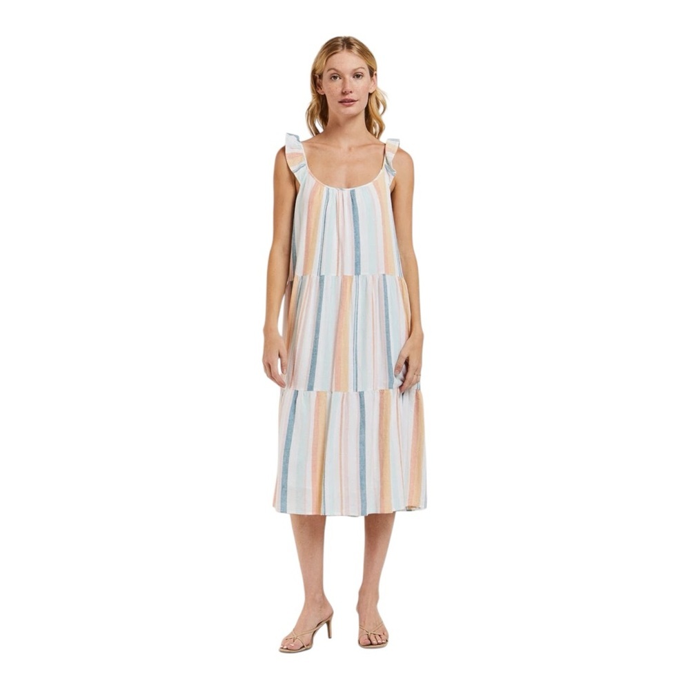 Velvet Heart Striped Tiered Mini Dress W/ Ruffle Straps Linen Blend Size S